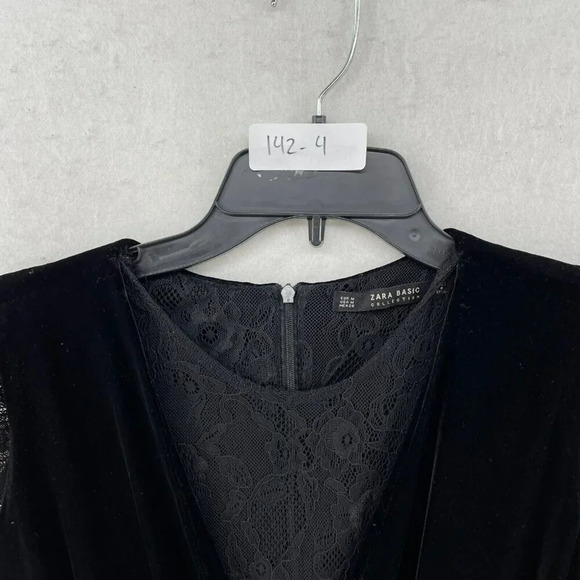 Zara Basic Collection Dress Womens M Black Velvet Lace Trim Zipper Fit & Flare - Picture 11 of 11
